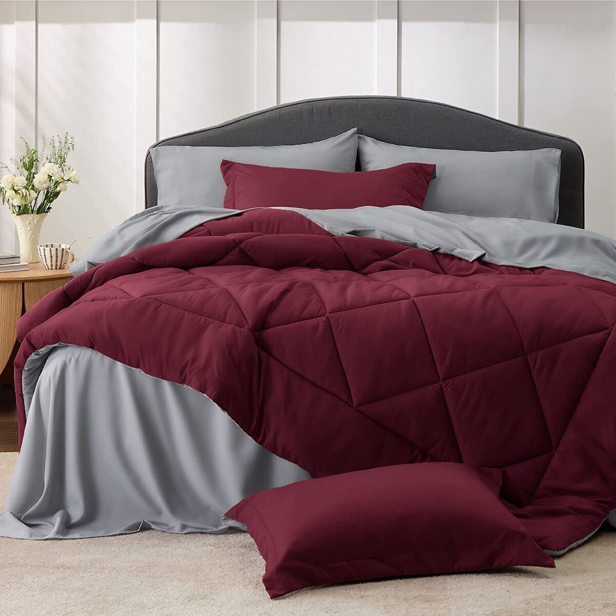 Couette Coton 6 Pièces - كوات لشخصين ( Gris + Bordeaux )